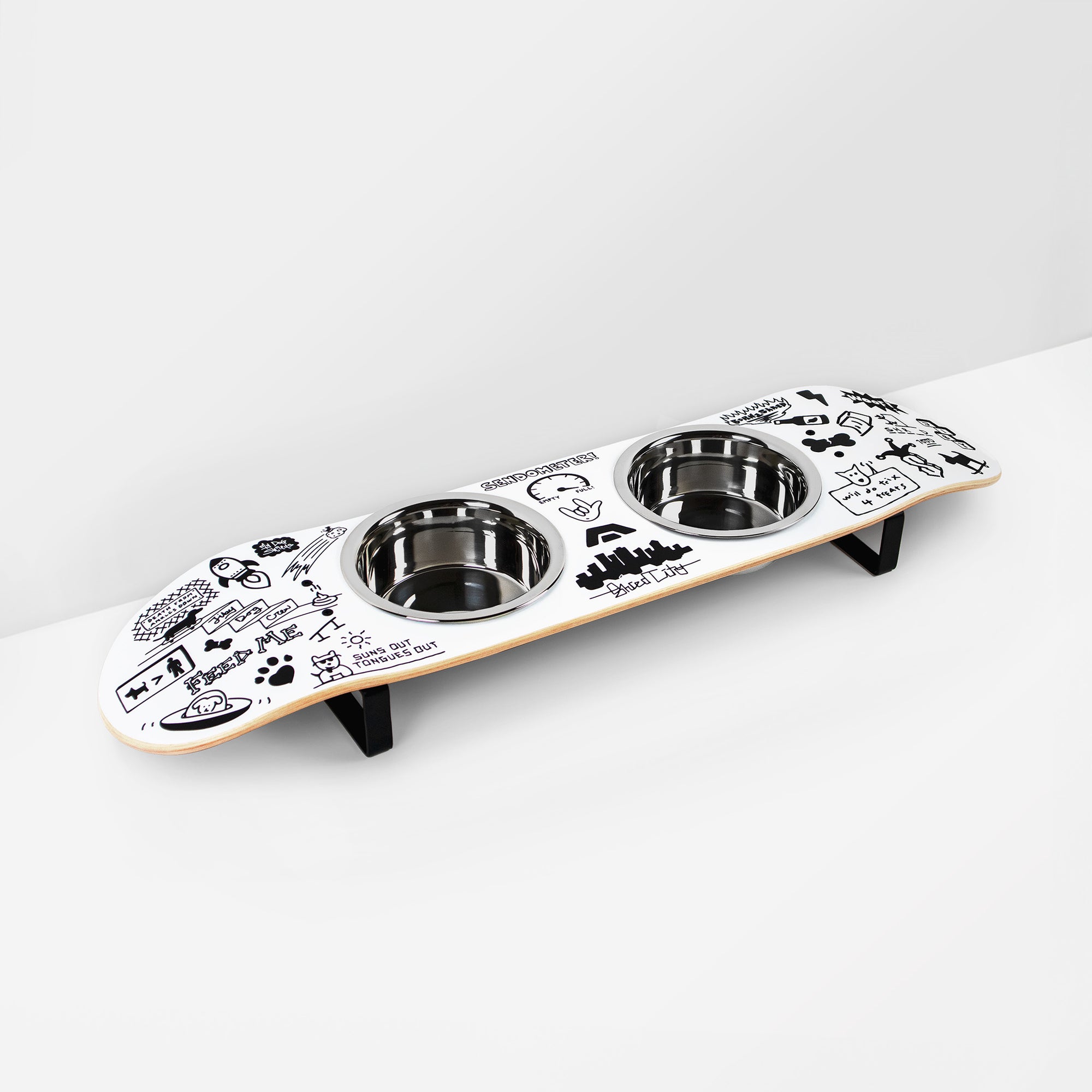 Skateboard dog bowl feeder stand handcrafted with custom designed art.