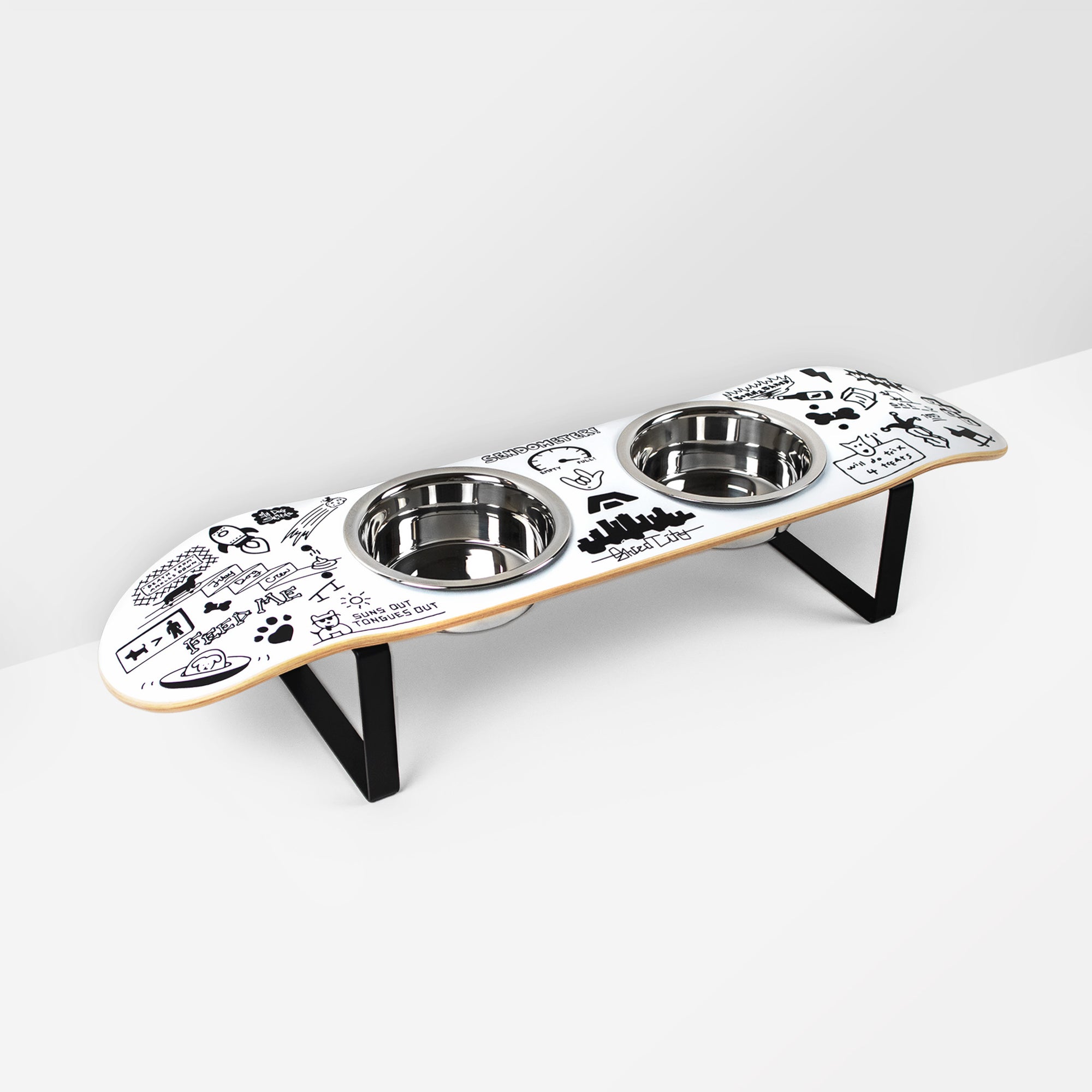 Skateboard dog bowl feeder stand handcrafted with custom designed art.