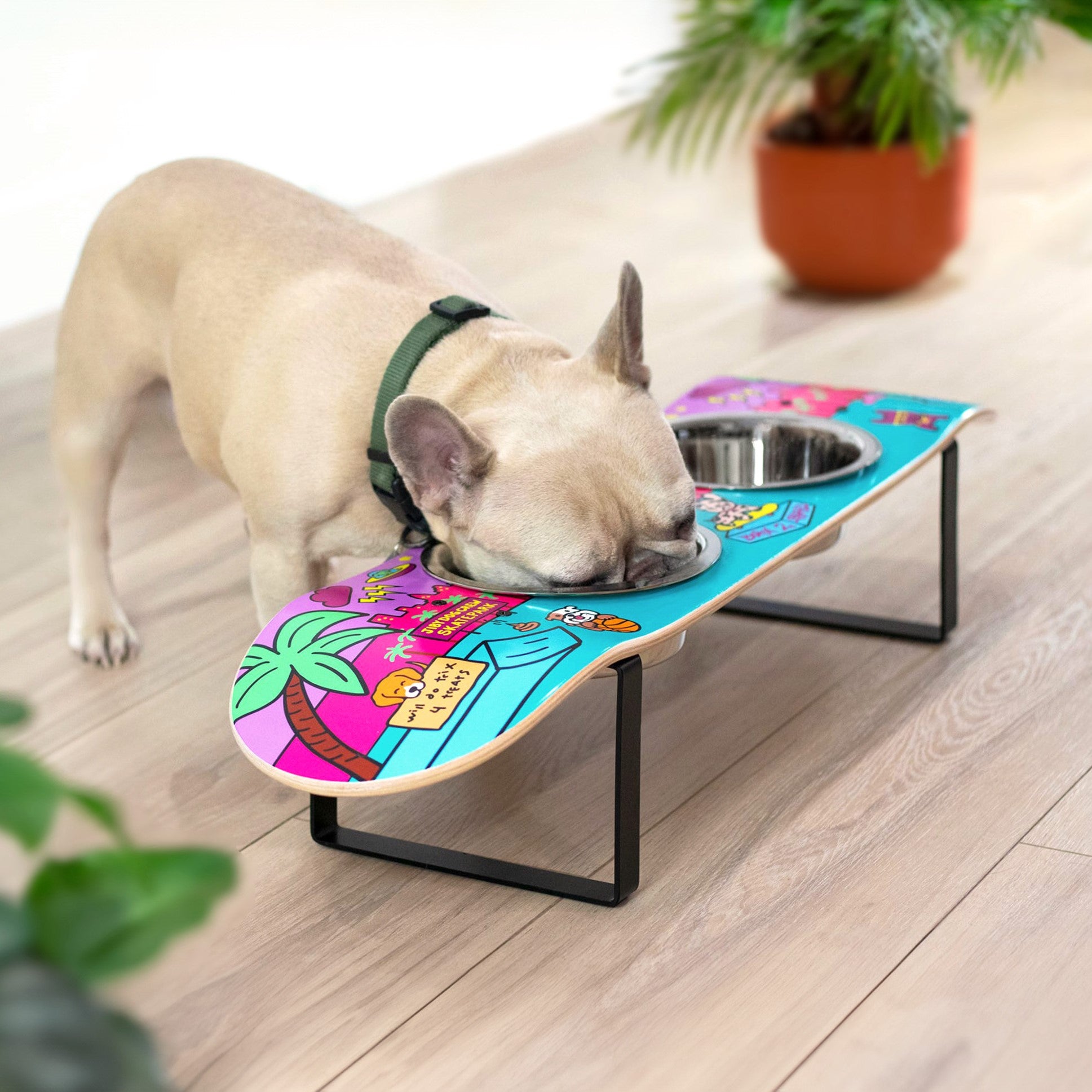 Skateboard dog bowl feeder stand handcrafted with custom designed art.