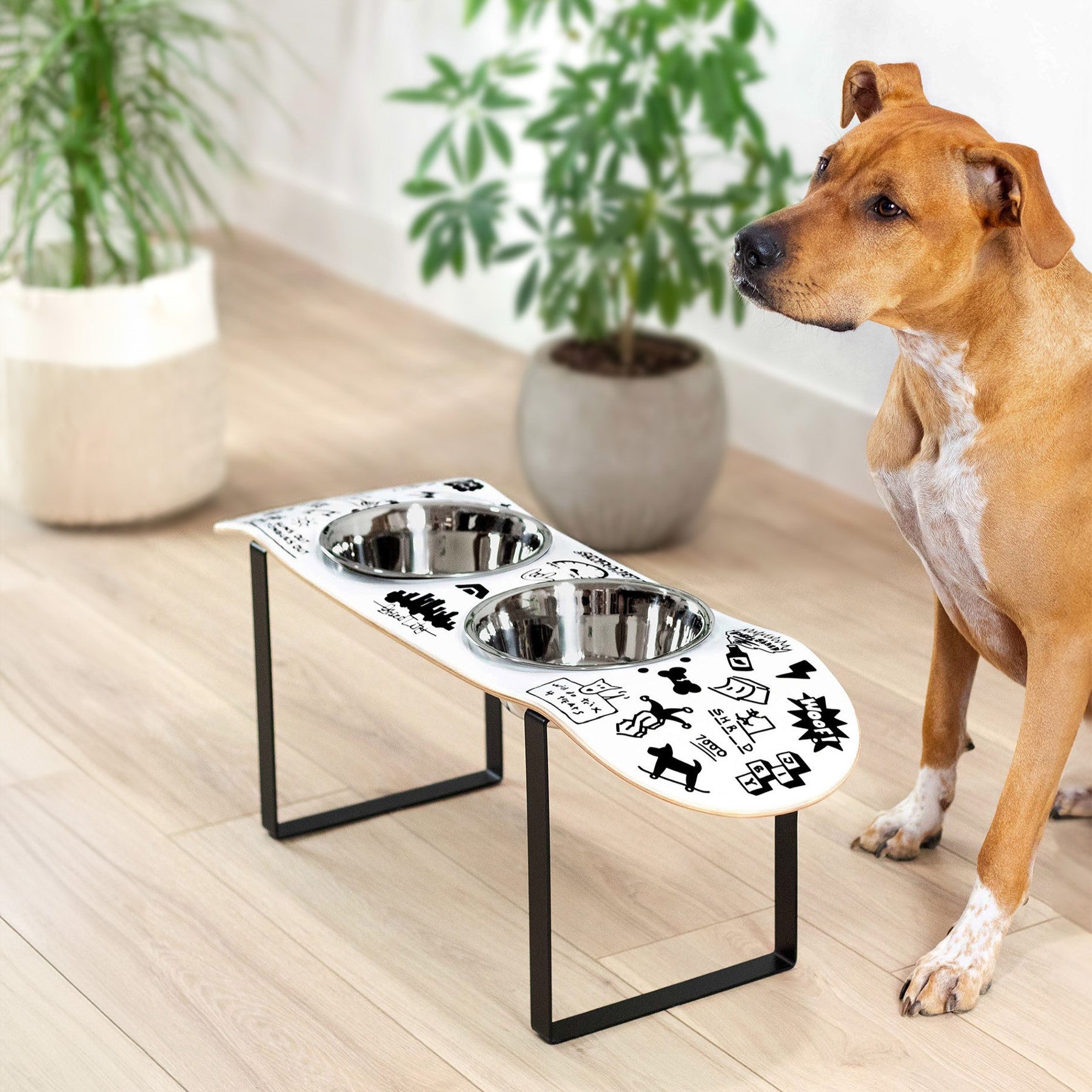 Skateboard dog bowl feeder stand handcrafted with custom designed art.