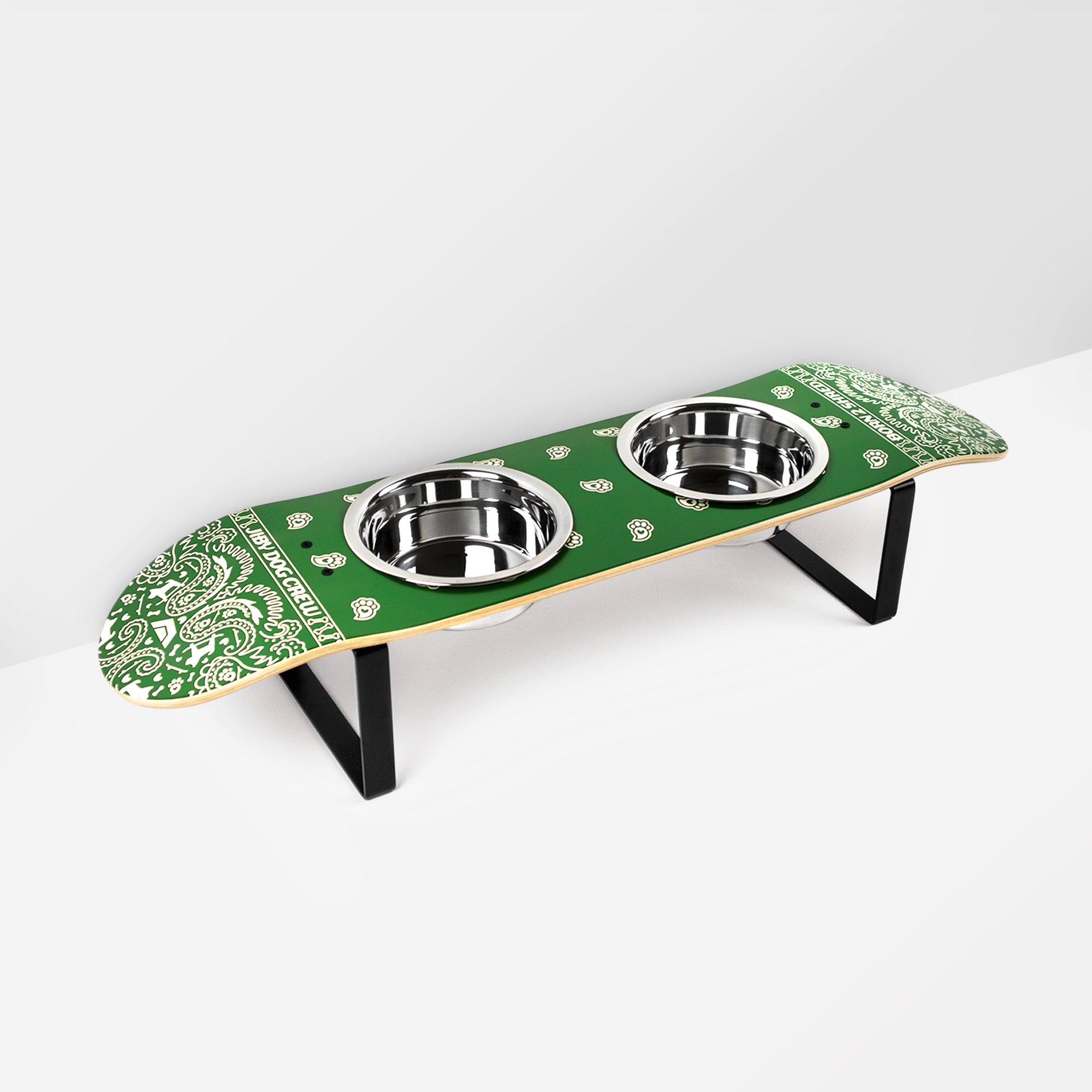 Skateboard dog bowl feeder stand handcrafted with custom designed art.