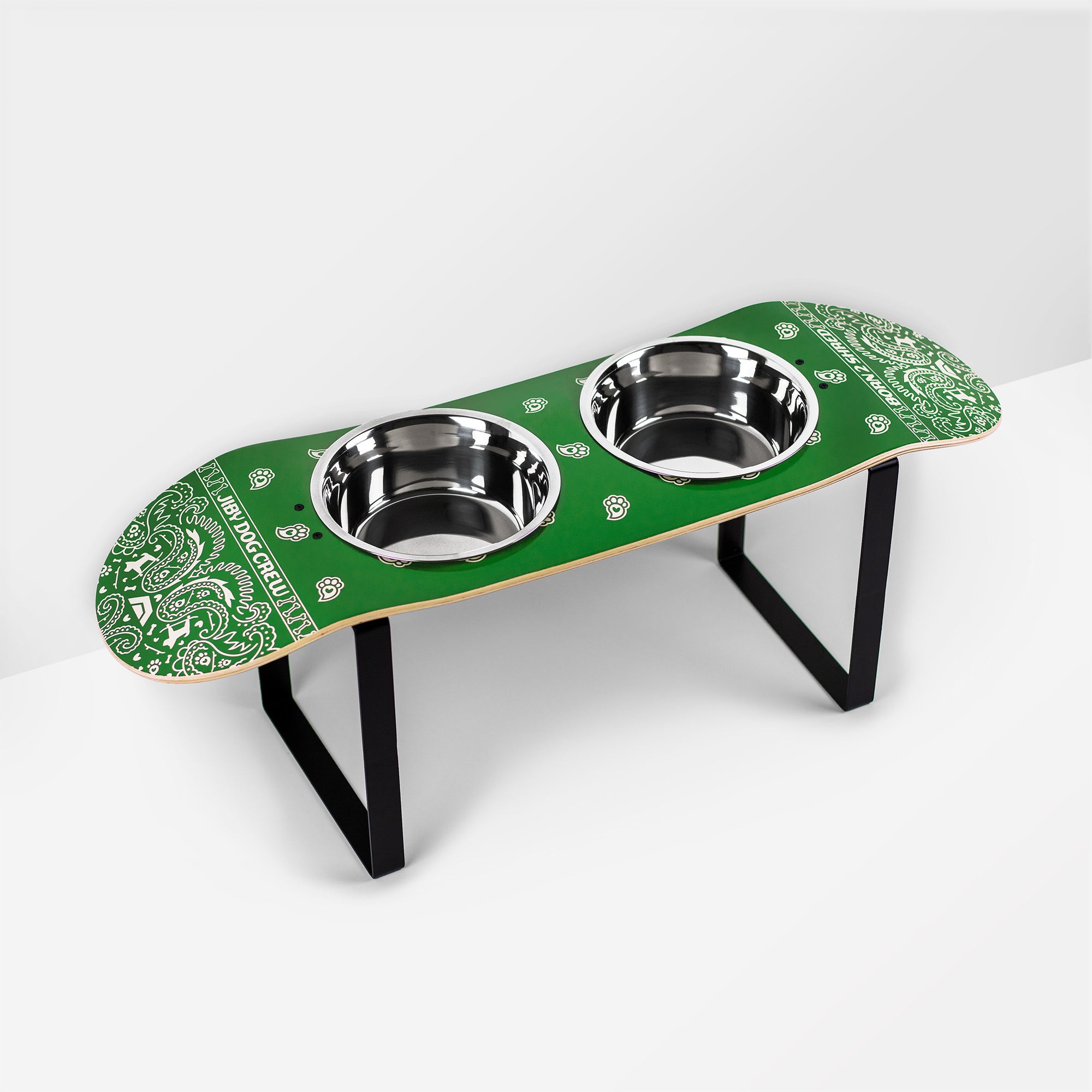 Skateboard dog bowl feeder stand handcrafted with custom designed art.