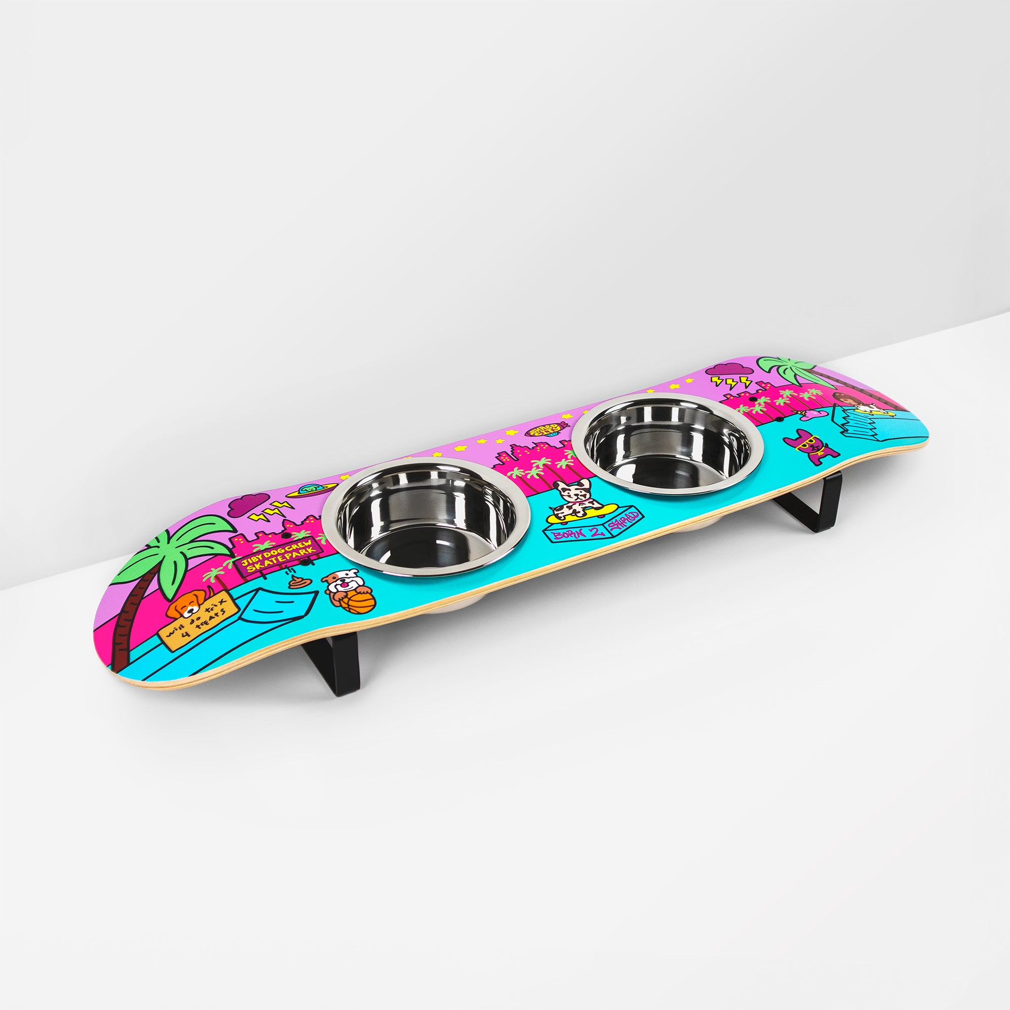 Skateboard dog bowl feeder stand handcrafted with custom designed art.